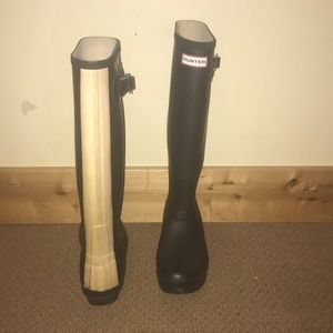 Black hunter boots with off white strip down back